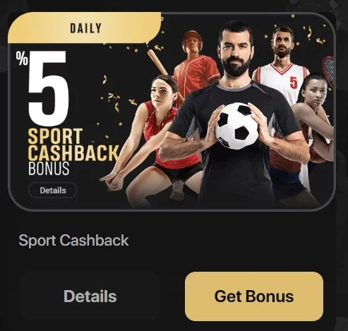 Screenshot of Hogewin.com website. Sport Cashback bonus.